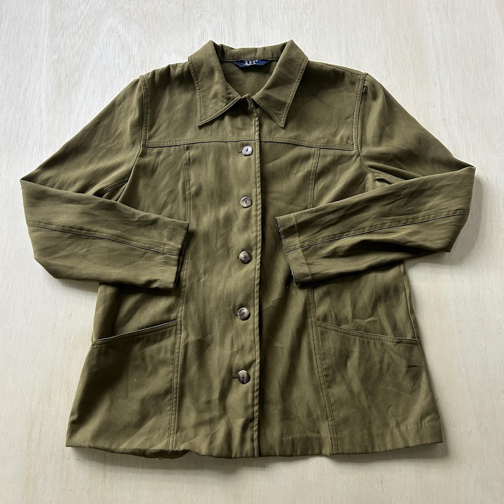 Vintage D.P.S. Jacket Womens Petites Med Green Twill Button Unlined Mid Length